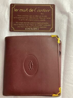 Cartier Burgundy Leather Bifold Wallet with Gold Corners